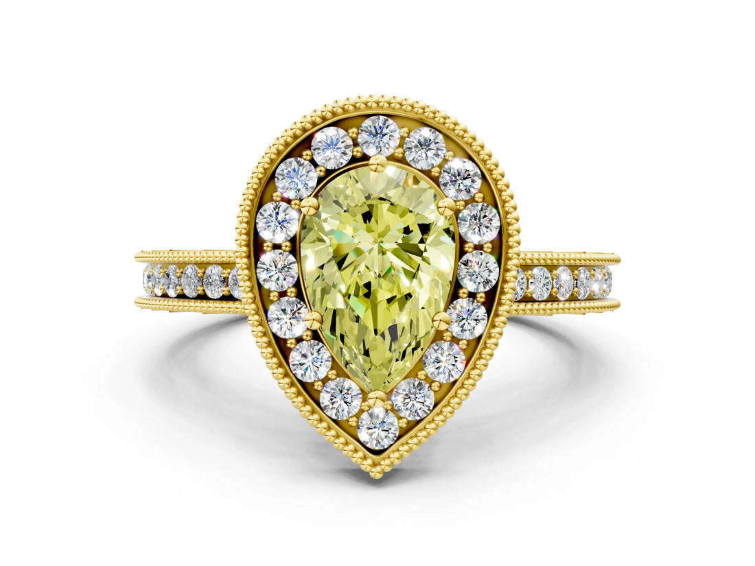 Yellow gold Fancy Yellow Pear Cut Diamond Milgrain Halo Engagement Ring with Round Pavé Band and Prong Setting_12