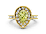 Yellow gold Fancy Yellow Pear Cut Diamond Milgrain Halo Engagement Ring with Round Pavé Band and Prong Setting_12