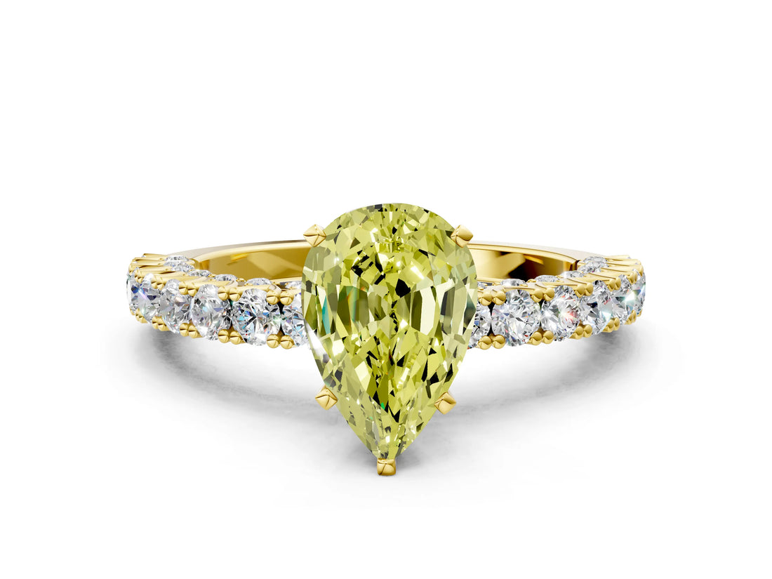 Yellow gold Fancy Yellow Pear Cut Diamond Pavé Band Solitaire Ring with Prong Setting_76