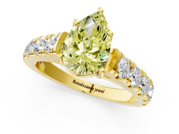 Yellow gold Fancy Yellow Pear  Cut Diamond Solitaire Ring with Micro Pave Band and Prong Setting