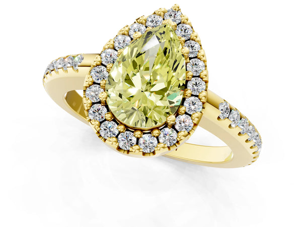 Yellow gold Fancy Yellow Pear Cut Diamond Pavé Halo Ring with Four-Prong Setting