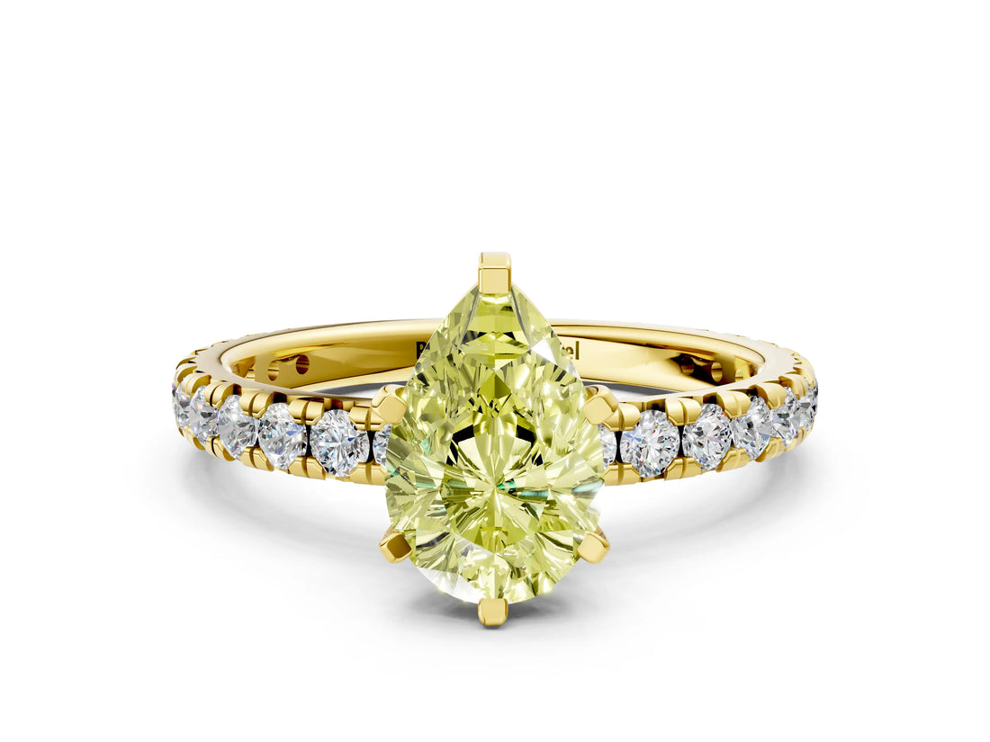 Yellow gold Fancy Yellow Pear Cut Diamond Pavé Solitaire Ring with Round Band and Prong Setting_12