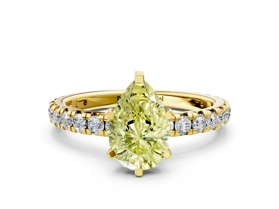 Yellow gold Fancy Yellow Pear Cut Diamond Pavé Solitaire Ring with Round Band and Prong Setting_24