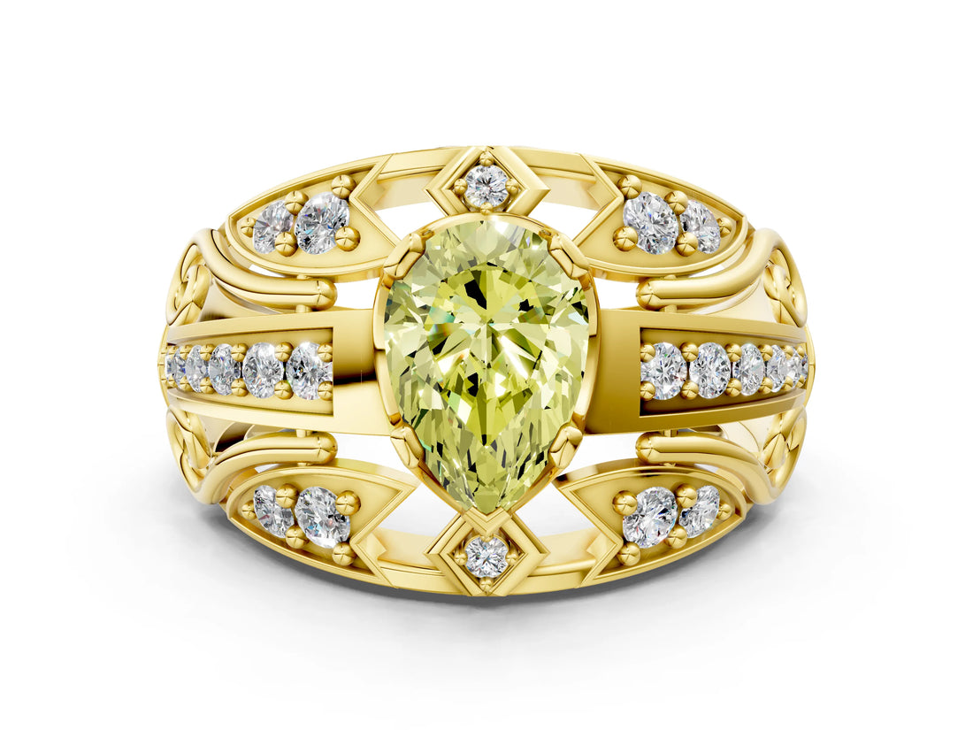 Yellow gold Fancy Yellow Pear Cut Diamond Pave Art Deco Split Shank Ring with Four-Prong Setting
