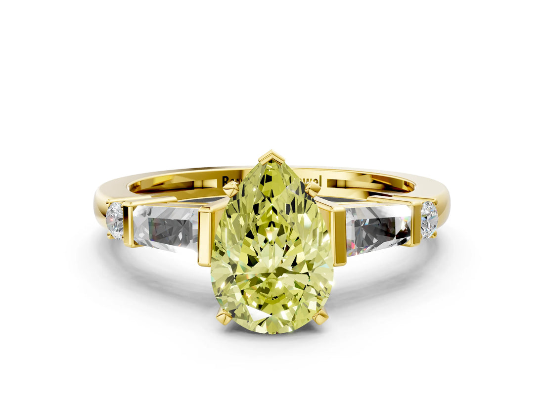 Yellow gold Fancy Yellow Pear  Cut Diamond Ring with Baguette Side Stones, Channel Set Band, and Four-Prong Setting_24