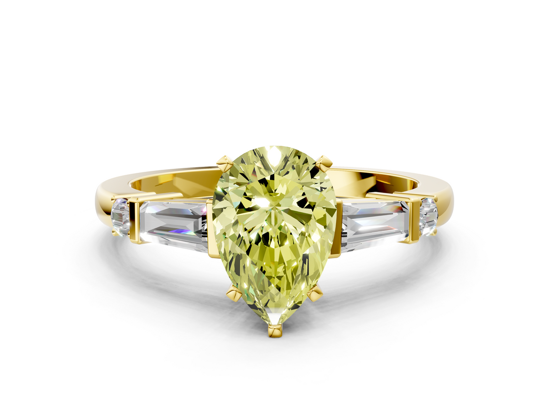 Yellow gold Fancy Yellow Pear  Cut Diamond Ring with Baguette Side Stones, Channel Set Band, and Four-Prong Setting_3