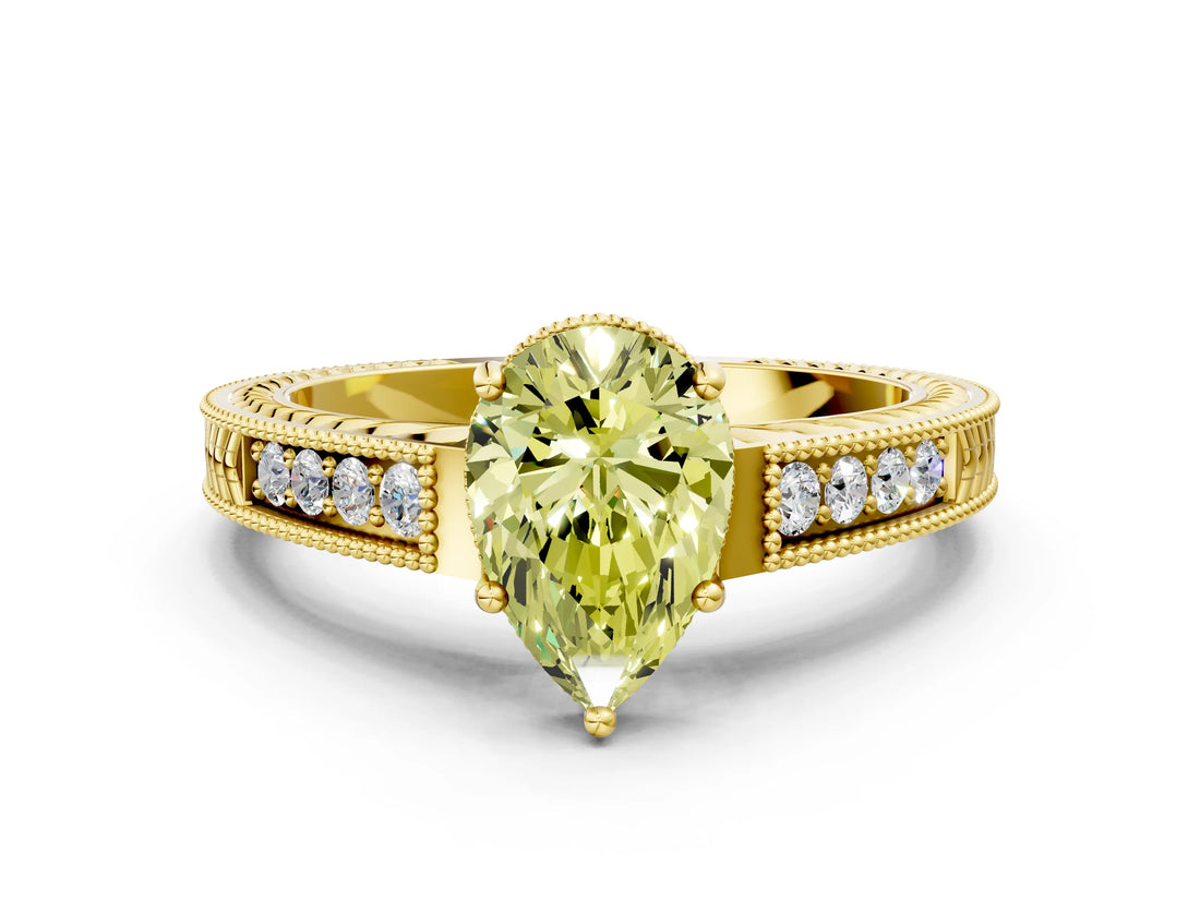 Yellow gold Fancy Yellow Pear Cut Diamond Ring with Milgrain Pavé Band and Four-Prong Setting_19