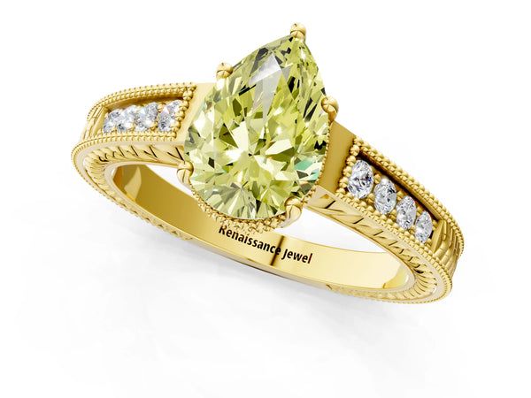 Yellow gold Fancy Yellow Pear Cut Diamond Ring with Milgrain Pavé Band and Four-Prong Setting
