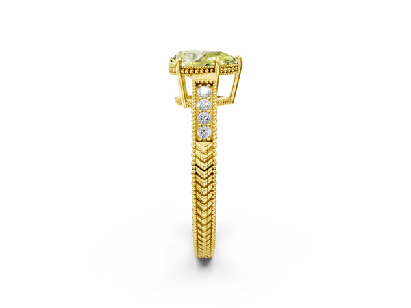 Yellow gold Fancy Yellow Pear Cut Diamond Ring with Milgrain Pavé Band and Four-Prong Setting