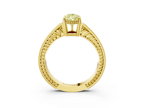 Yellow gold Fancy Yellow Pear Cut Diamond Ring with Milgrain Pavé Band and Four-Prong Setting
