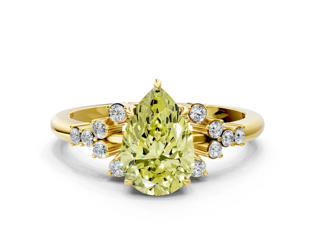 Yellow gold Fancy Yellow Pear Cut Diamond Ring with Side Stones and Four-Prong Setting_130