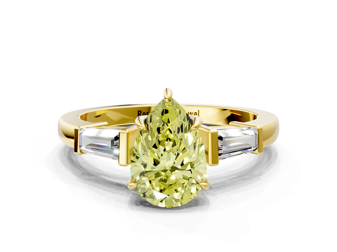 Yellow gold Fancy Yellow Pear  Cut Diamond Ring with Tapered Baguette Side Stones in Four-Prong Setting_3