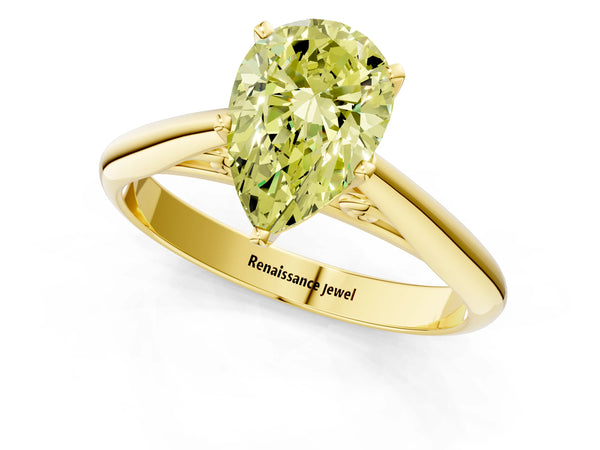 Yellow gold Fancy Yellow Pear Cut Diamond Solitaire Engagement Ring with Cathedral Setting and Four-Prong Mount