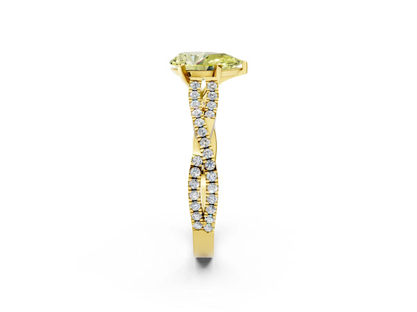 Yellow gold Fancy Yellow Pear Cut Diamond Solitaire Engagement Ring with Twisted Pavé Band and Four-Prong Setting