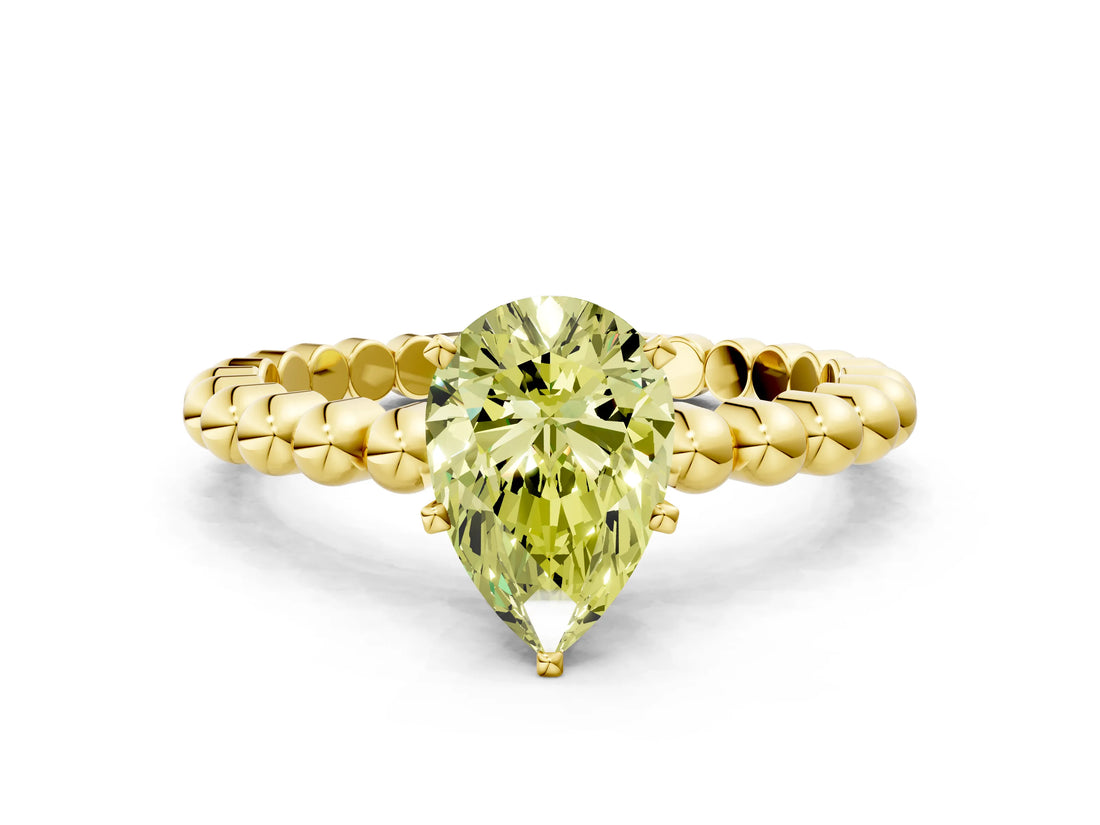 Yellow gold Fancy Yellow Pear Cut Diamond Solitaire Ring with Beaded Band and Prong Setting_313