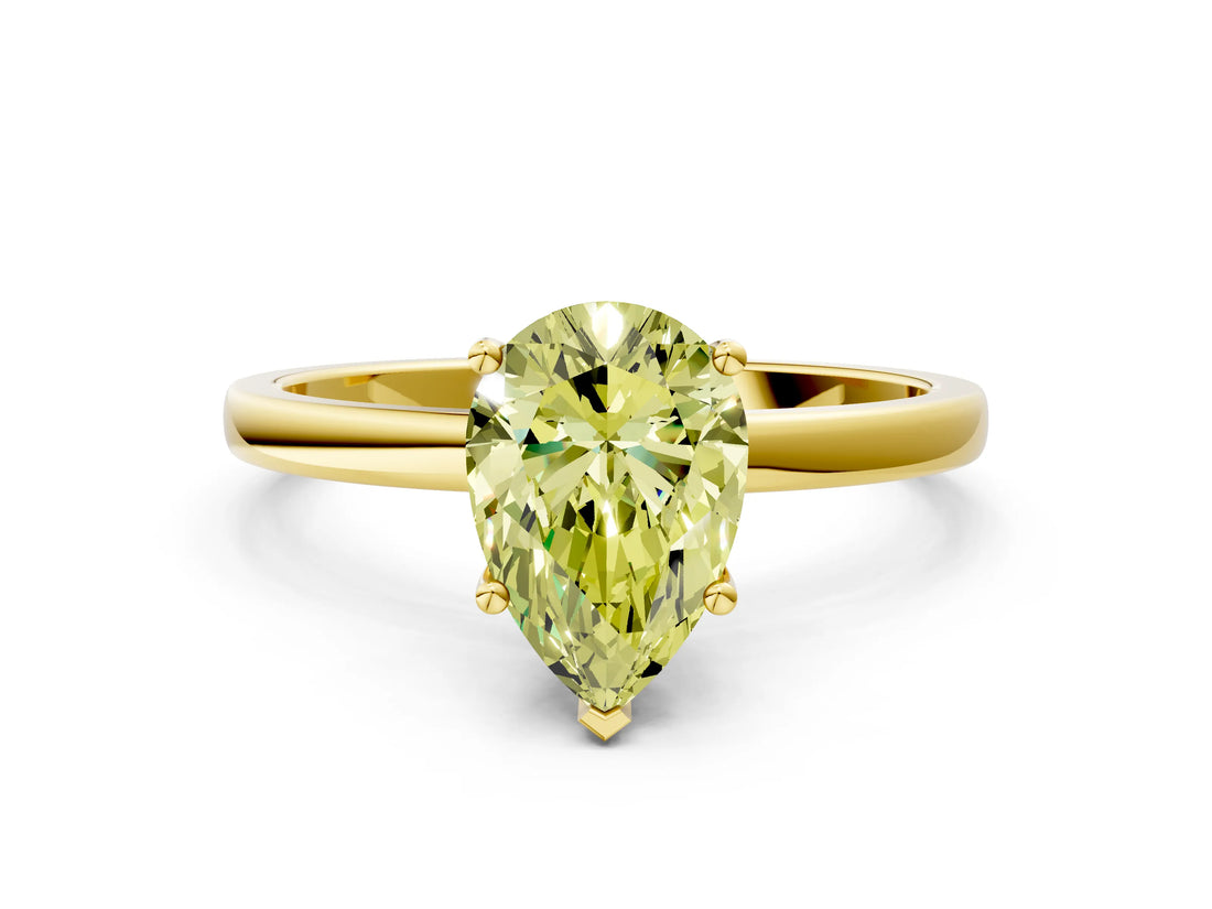 Yellow gold Fancy Yellow Pear Cut Diamond Solitaire Ring with Classic Band and Four-Prong Setting