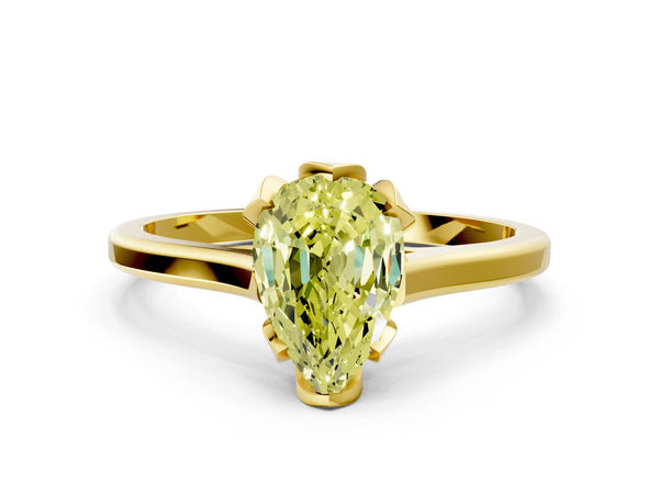 Yellow gold Fancy Yellow Pear Cut Diamond Solitaire Ring with Flower Prong Setting and Classic Band
