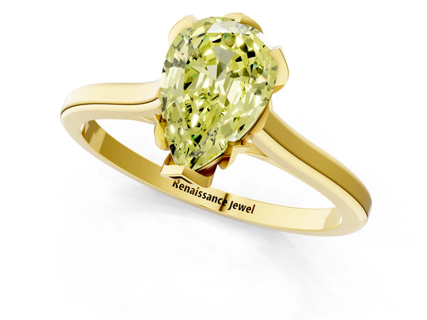 Yellow gold Fancy Yellow Pear Cut Diamond Solitaire Ring with Flower Prong Setting and Classic Band