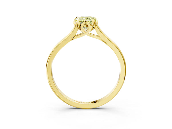 Yellow gold Fancy Yellow Pear Cut Diamond Solitaire Ring with Flower Prong Setting and Classic Band