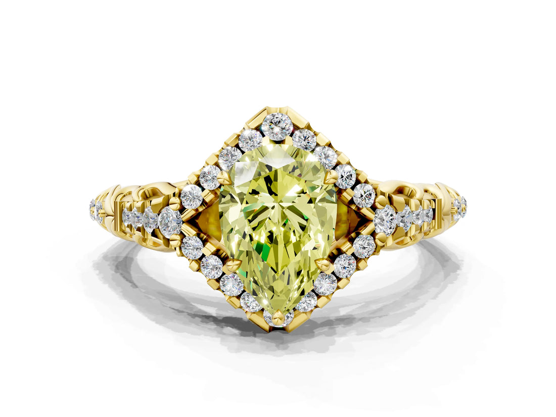 Yellow gold Fancy Yellow Pear Cut Diamond Solitaire Ring with Hidden Halo and Pavé Band_27