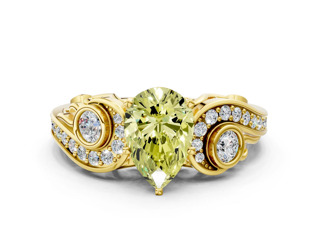 Yellow gold Fancy Yellow Pear Cut Diamond Solitaire Ring with Milgrain Pavé Band and Four-Prong Setting_182