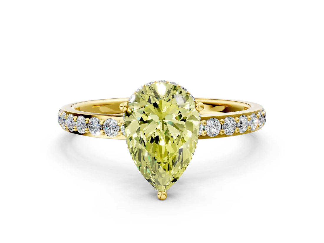 Yellow gold Fancy Yellow Pear Cut Diamond Solitaire Ring with Pavé Band and Hidden Halo_20