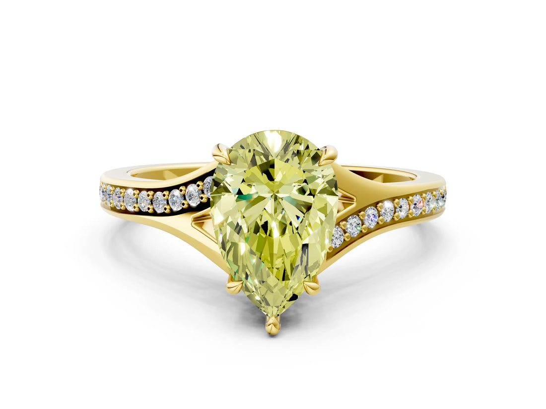 Yellow gold Fancy Yellow Pear Cut Diamond Solitaire Ring with Pavé Band and Prong Setting_12