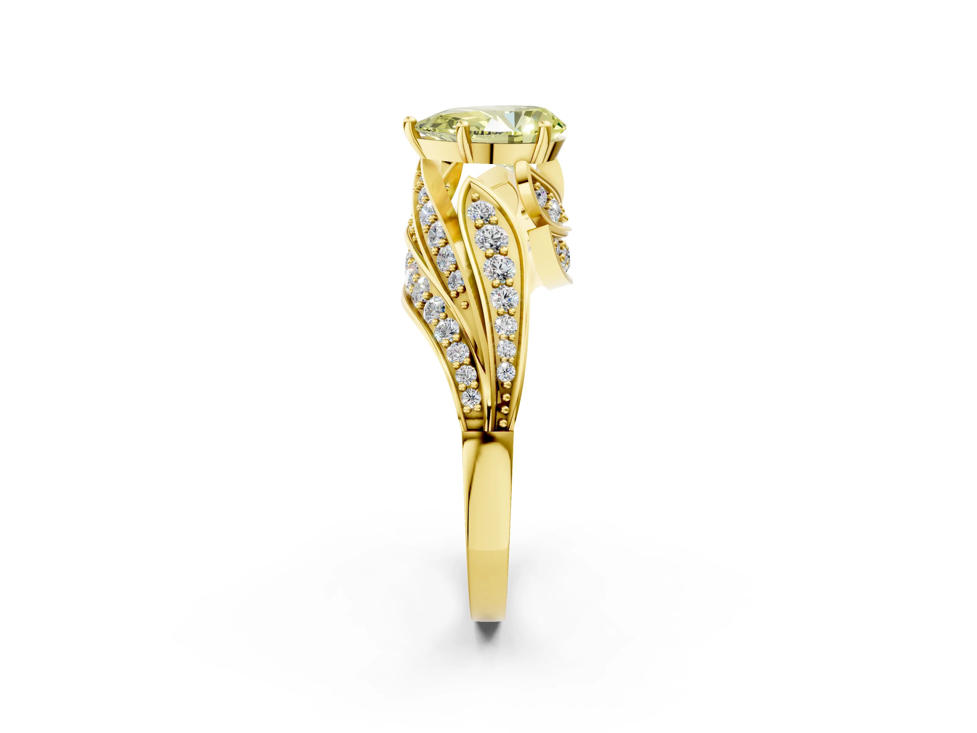 Yellow gold Fancy Yellow Pear Cut Diamond Solitaire Ring with Prong Setting and Twisted Pavé Band_2