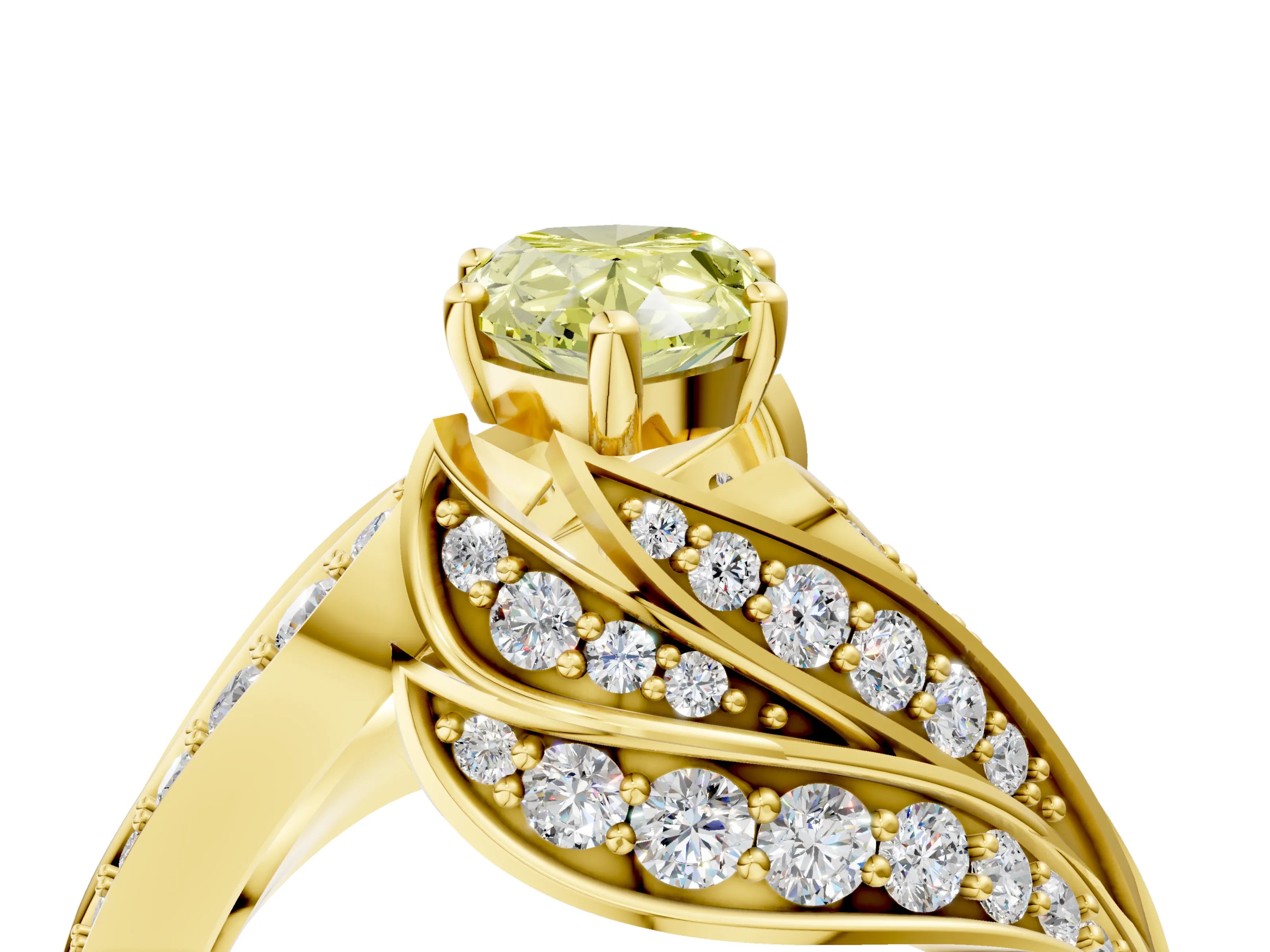 Yellow gold Fancy Yellow Pear Cut Diamond Solitaire Ring with Prong Setting and Twisted Pavé Band_4