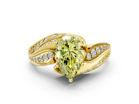 Yellow gold Fancy Yellow Pear Cut Diamond Solitaire Ring with Prong Setting and Twisted Pavé Band