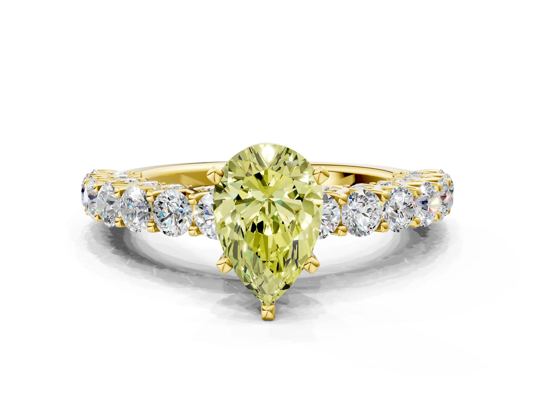Yellow gold Fancy Yellow Pear Cut Diamond Solitaire Ring with Shared Prong Pavé Band and Four-Prong Setting_58