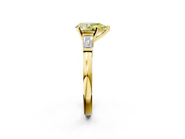 Yellow gold Fancy Yellow Pear  Cut Diamond Solitaire Ring with Tapered Baguette Accents and Four-Prong Setting