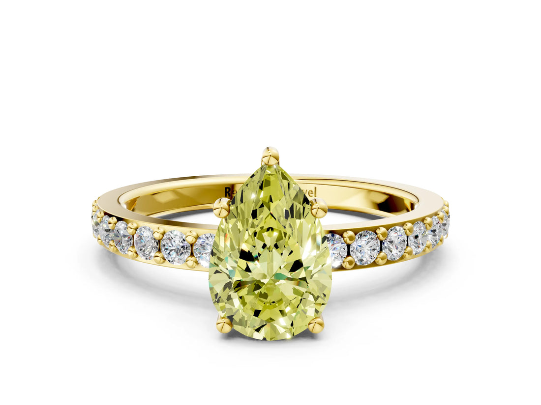 Yellow gold Fancy Yellow Pear  Cut Diamond Solitaire with Pave Band and Four-Prong Setting 1