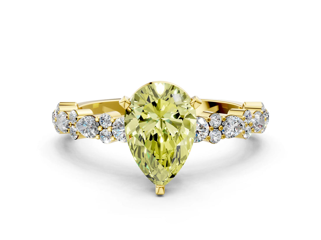 Yellow gold Fancy Yellow Pear Cut Diamond Solitaire with Side Stones, Pave Band, Four-Prong Setting_83
