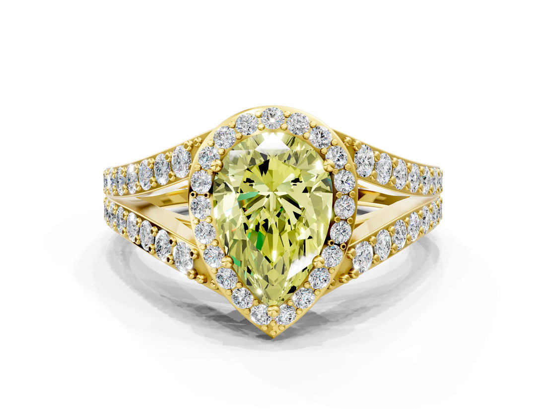 Yellow gold Fancy Yellow Pear Cut Diamond Split Shank Halo Ring with Four-Prong Setting_57