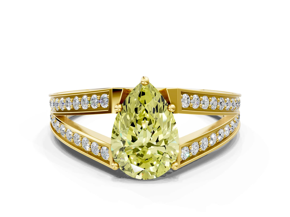 Yellow gold Fancy Yellow Pear Cut Diamond Split Shank Ring with Pavé Band and Four-Prong Setting_63