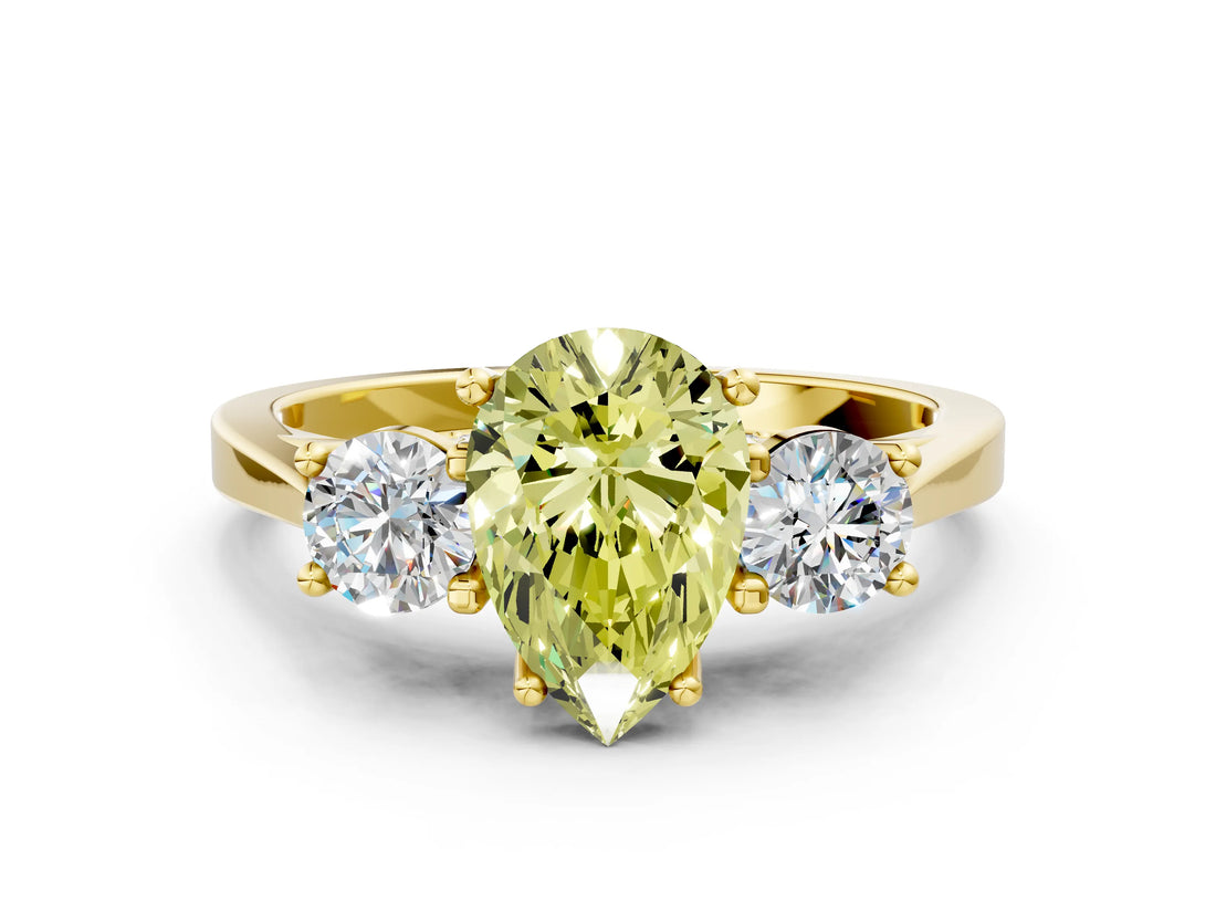 Yellow gold Fancy Yellow Pear Cut Diamond Three-Stone Engagement Ring with Prong Setting and Pavé Band