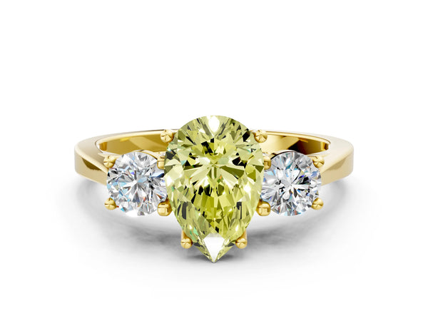 Yellow gold Fancy Yellow Pear Cut Diamond Three-Stone Engagement Ring with Prong Setting and Pavé Band