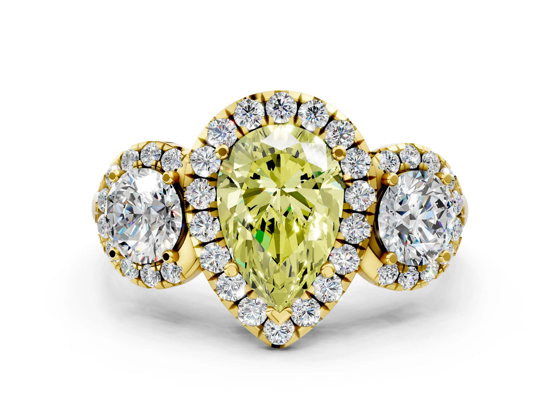 Yellow gold Fancy Yellow Pear Cut Diamond Three-Stone Halo Ring with Prong Setting and Pavé Accents