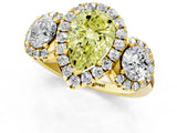 Yellow gold Fancy Yellow Pear Cut Diamond Three-Stone Halo Ring with Prong Setting and Pavé Accents_1