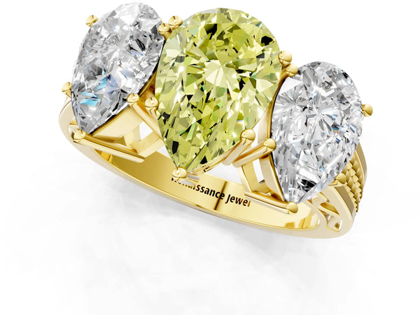 Yellow gold Fancy Yellow Pear Cut Diamond Three-Stone Ring with Prong Setting and Textured Band