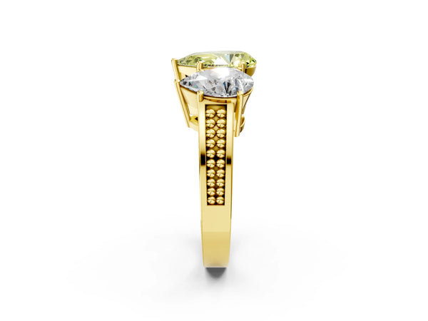 Yellow gold Fancy Yellow Pear Cut Diamond Three-Stone Ring with Prong Setting and Textured Band