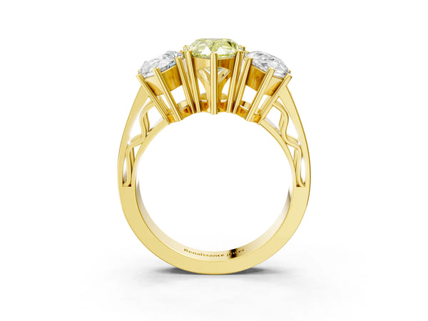 Yellow gold Fancy Yellow Pear Cut Diamond Three-Stone Ring with Prong Setting and Textured Band