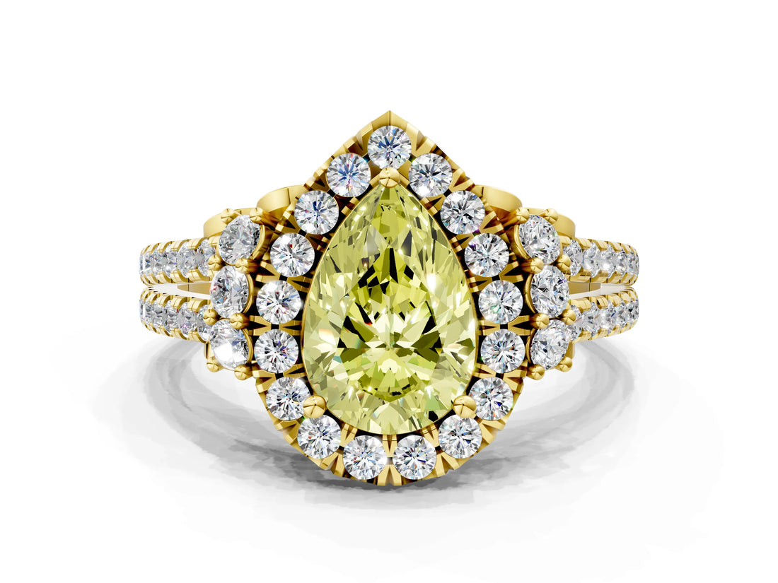 Yellow gold Fancy Yellow Pear  Cut Double Halo Diamond Engagement Ring with Pave Band and Four-Prong Setting_42