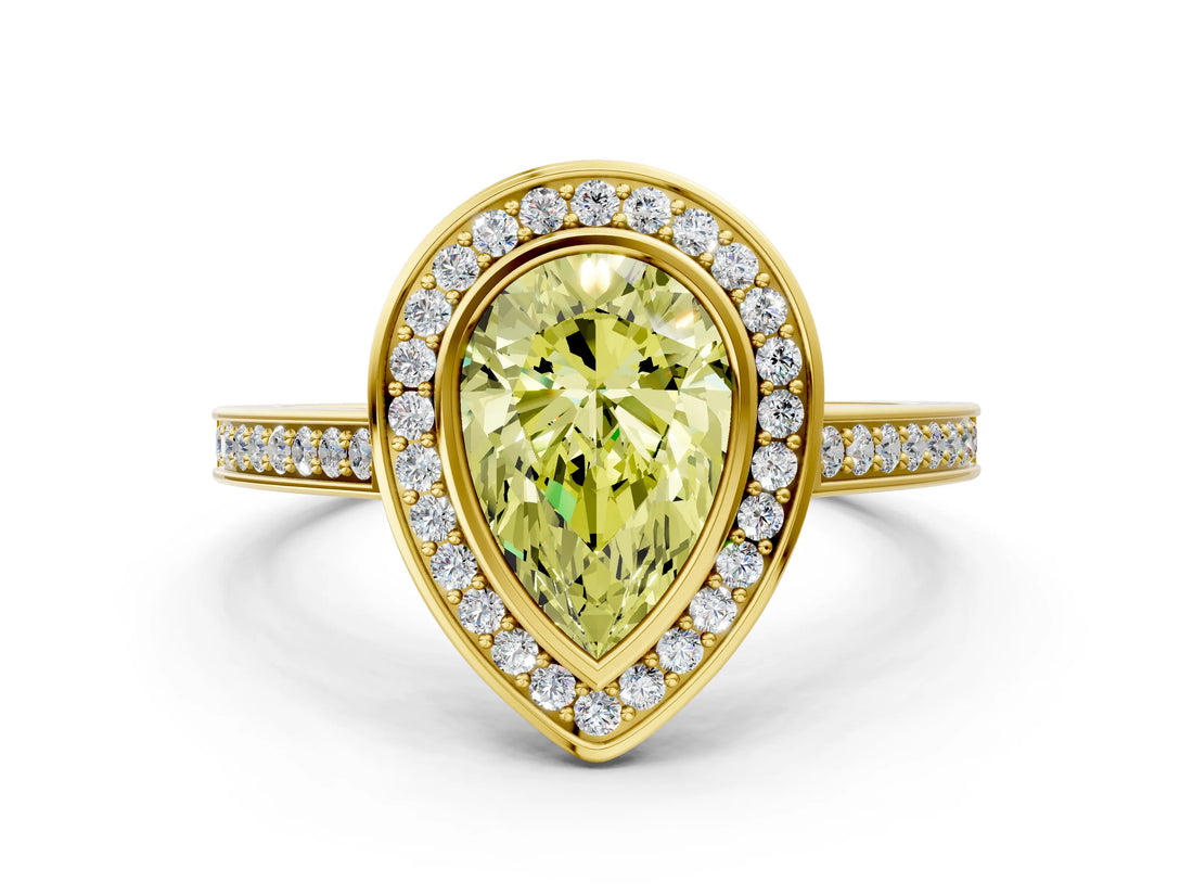 Yellow gold Fancy Yellow Pear Cut Halo Bezel Diamond Pave Band Ring