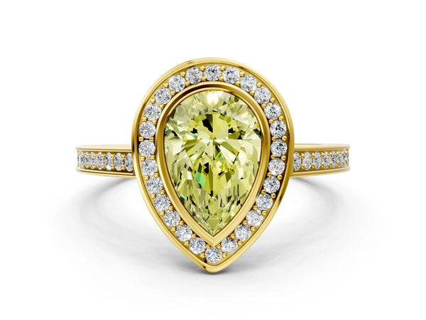 Yellow gold Fancy Yellow Pear Cut Halo Bezel Diamond Pave Band Ring