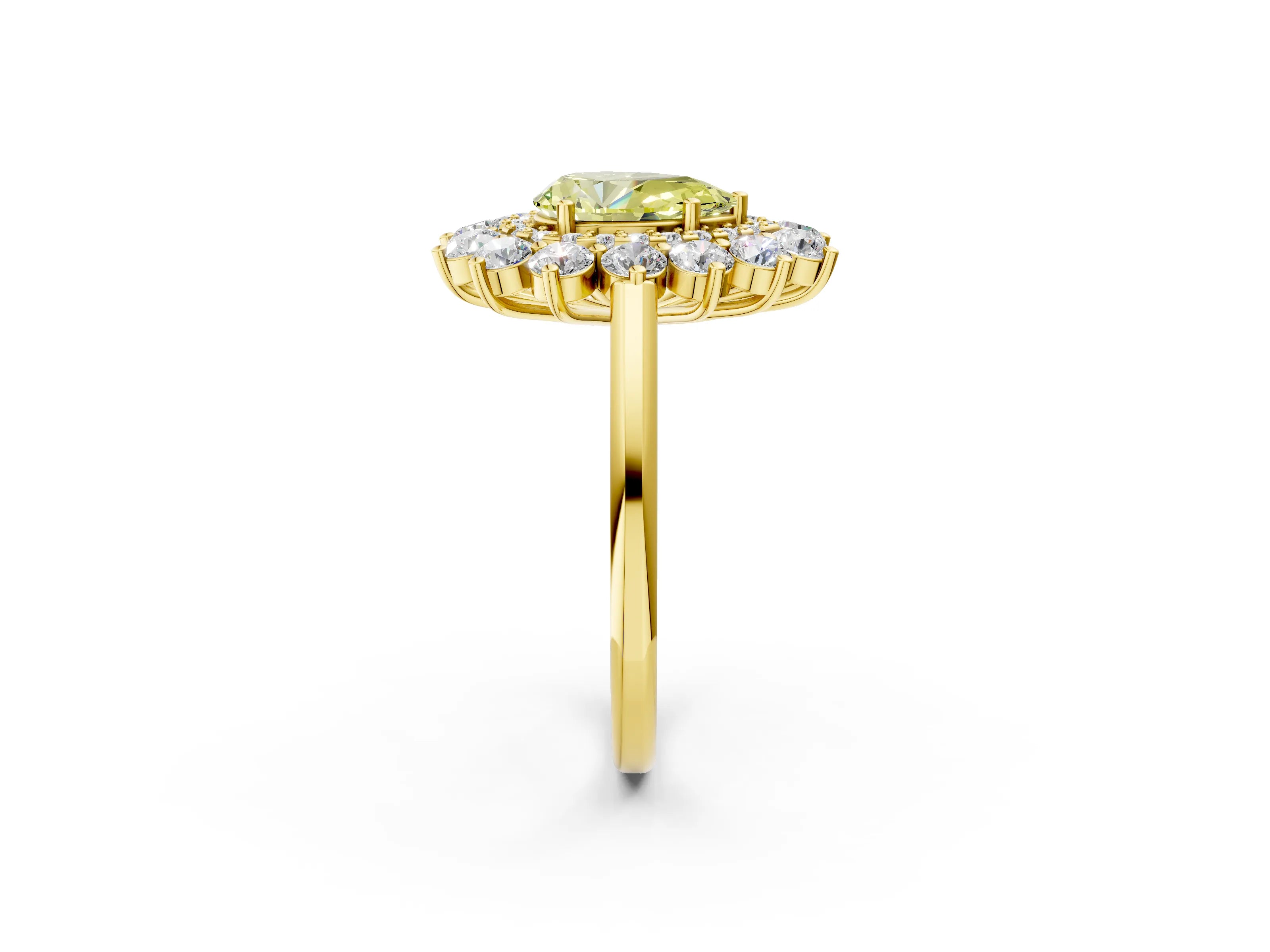 Yellow gold Fancy Yellow Pear Cut Halo Cluster Diamond Ring with Pave Band and Four-Prong Setting_2