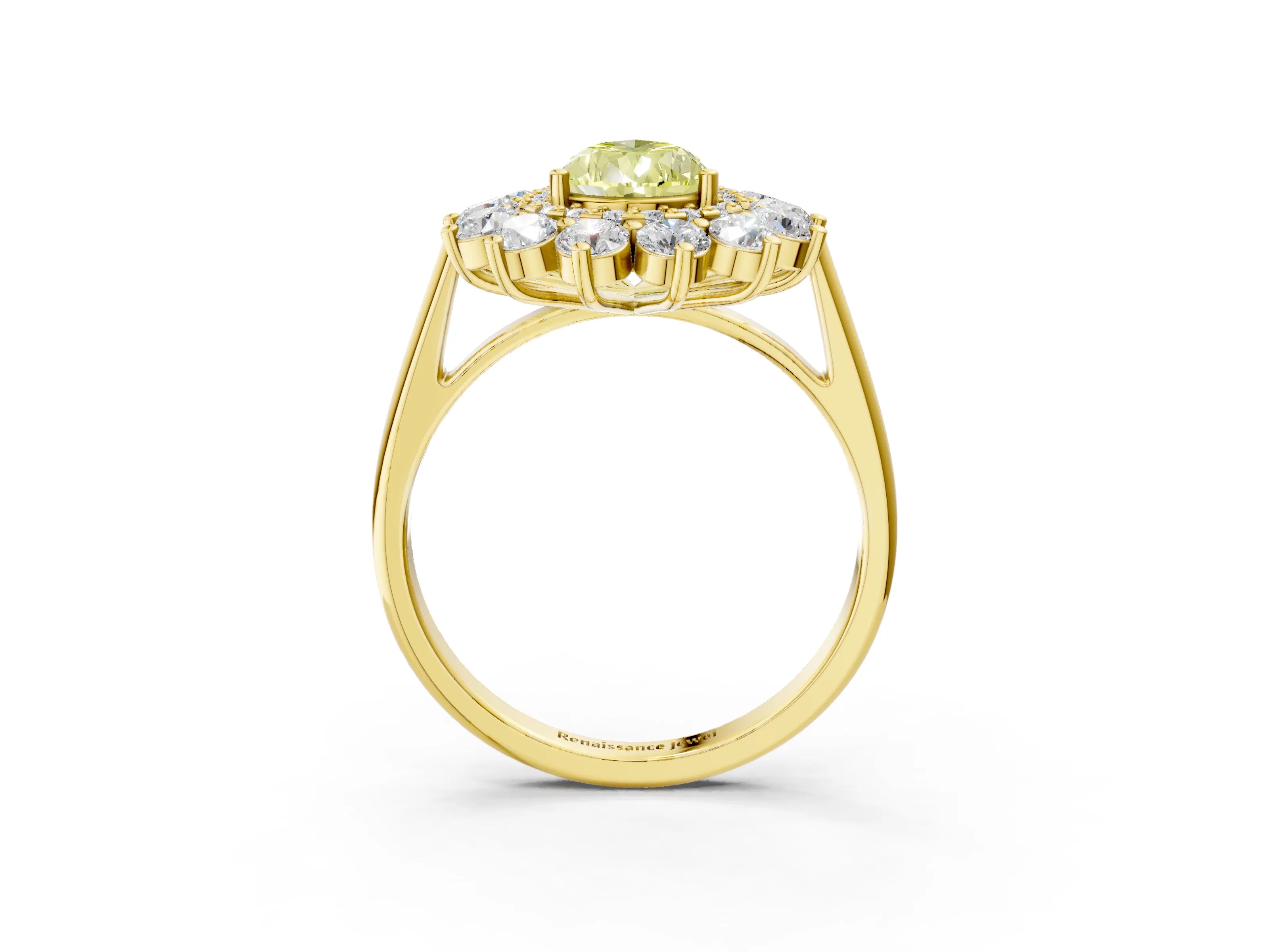Yellow gold Fancy Yellow Pear Cut Halo Cluster Diamond Ring with Pave Band and Four-Prong Setting_3