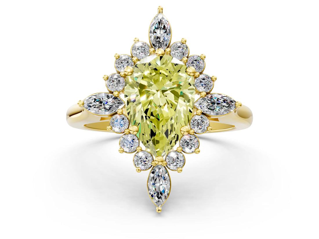 Yellow gold Fancy Yellow Pear Cut Halo Diamond Cluster Ring with Marquise and Round Stones on a White Gold Band with Prong Setting