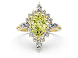 Yellow gold Fancy Yellow Pear Cut Halo Diamond Cluster Ring with Marquise and Round Stones on a White Gold Band with Prong Setting